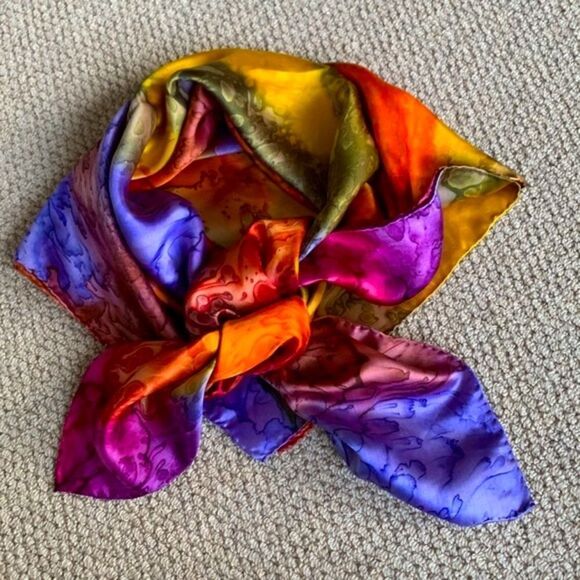 SILK square scarf multicolor watercolor design women’s 38” - Picture 2 of 11